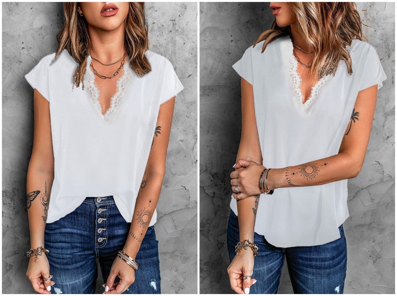 lime flare Women Sexy V Neck Lace Trim Satin T-Shirt Tops Dressy Silk Lacy Tank Blouse Shirt (Cream Eyelash Lace Short Sleeve,Large) - Image 4